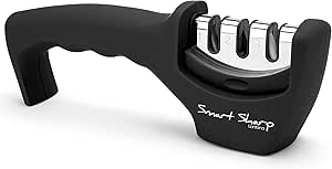 Lantana Smart Sharp Knife Sharpener - Professional 3 Stage Manual Sharpener for Sharpening Kitchen Knives - Ceramic Stone, Tungsten Carbide Plates, Diamond rods. Ergonomic Design, Black/Chrome Finish