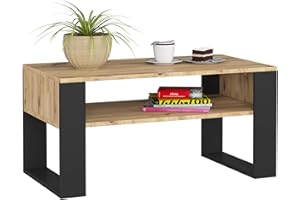 AKORD Mesa de Centro DOMI, Roble Artisan, 92 cm, Frontales Negros Mate, 92x53x45 cm
