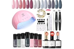 Modelones Kit Uñas Semipermanentes 22Pcs 7 Colores Esmaltes con Lampara UV 48W Kit Manicura Semipermanente Primer Base y Top Coat, Kit Uñas de Gel para Principiantes, Gris Rosa Plata