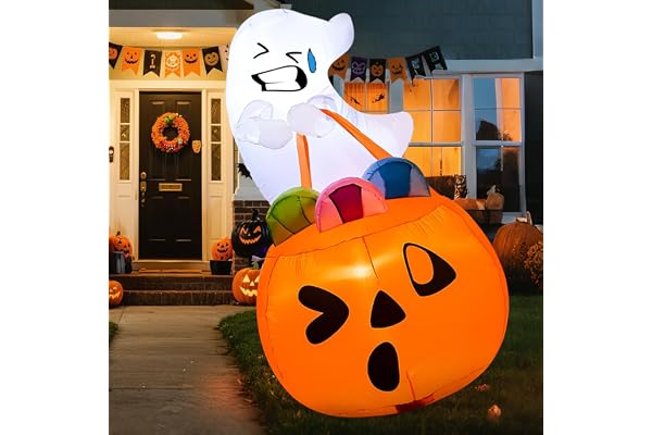 Joiedomi 15 cm hög Halloweenuppblåsbar söt spöke lyft pumpa godispåse med inbyggda lysdioder för inomhus och utomhus