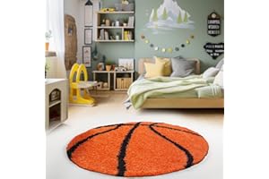 ‎HOMEBYHOME HomebyHome Runder Kinderteppich Hochflor Langflor Shaggy Basketball Design Kinderzimmer Babyzimmer Spielzimmer 30 mm Florhöhe Flauschig Weich Rund, Farbe:Orange, Grösse:120 cm Rund