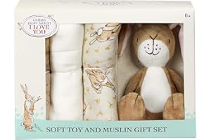 Rainbow Designs Guess How Much I Love You - Juego de Regalo Esencial para bebé, Juguete Suave de Liebre marrón Nuez y 3 paños de Muselina de algodón en Caja ilustrada, Regalo para Baby Shower recién