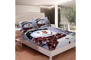LOUSSIESD Kids Christmas Bedding Sheets Xmas Snowman Bed Sheet Set for Boys Girls Merry Christmas Bedding Fitted Sheet Funny Cute Bed Cover 3Pcs Double Size