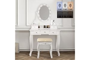 ML DESIGN MODERN LIVING ML-Design Tocador clásico con Taburete y Luces LED Espejo 5 Cajónes de Almacenamiento 80x129x40 cm Blanco Fabricado en Madera MDF Mesa de Peluquería Cómoda Retoques de Maquillaje Gabinete Make Up