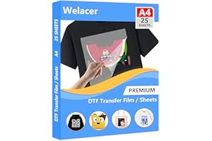 Welacer DTF Transferfolie Papier A4 (21cm x 29.7cm) 25 Blatt DTF Transfer Drucker für T-Shirt, klare DTF PET Transfer Film Papierblätter für dtf Printer
