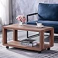 GOLDFAN Coffee Table with Storage Wooden Side End Table Retro Rectangle Centre Table on Wheels for Living Room Home Office, Brown