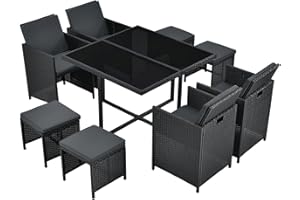 Juskys Groupe de sièges en polyrotin Baracoa L 9 pièces résistant aux intempéries et empilable - Ensemble de Salon de Jardin avec 4 chaises, 4 tabourets et Table pour Jardin - Noir, 8 Personnes
