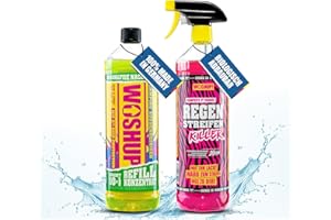 Woshup! Wohnwagen/Wohnmobil-Reiniger mit XTRA SKIN Effect - 1000 ml – Außenreiniger - Konzentrat für Camping, Caravan, Vorzelt, Markise, GFK und Aluminium. (1 Liter + Regenstreifenkiller)