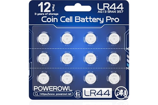 LR44, POWEROWL Paquete de 12 Pilas de Botón LR44 1.5V Alcalinas para Relojes, Calculadoras y Juguetes