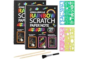JIEYAN Kratzkunstbücher für Kinder, 2 Stück, Regenbogen-Zauber-Kratzpapier, schwarz, zum Abkratzen, Kunsthandwerk Notiztafeln mit 2 Holzstiften, sauberem Pinsel und 4 Zeichenschablonen