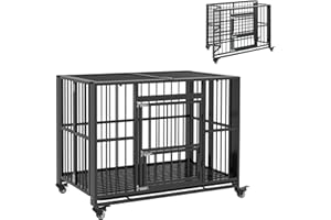 PawHut 43" Heavy Duty Dog Crate, Foldable Dog Cage on Wheels with Double Locks, Removable Tray, Openable Top, Double Doors, Indoor Outdoor Use, for Medium and Large Dogs - Black