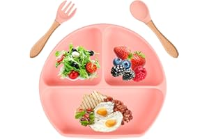 Aulese Baby Teller, Silikon Kinderteller mit Saugnapf, Rutschfester Kindergeschirr für Kleinkinder mit Löffel und Gabel, BPA-Frei - Spülmaschinen und Mikrowellen Sicher (Rosa)…