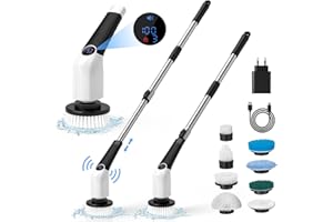 ‎COOVEE Coovee Electric Cleaning Brush, 2024 Voice Prompt Spin Scrubber with 8 Drill Brush Heads, Three Adjustment Speeds, Scalable to 137 cm Handle for Bathroom, Kitchen, Car, Floor