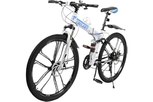 DENEST Mountainbike 26 Zoll Klapprad Erwachsene Fahrrad mit doppelten Stoßdämpfung Rahmen Vollfederung Faltrad Scheibenbremse fahrräder 21-Gang-klapprad MTB für Herren Damen, Weiß, Blau + Weiß