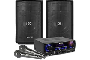 Karaoke Anlage mit 2 Mikrofonen - Vonyx SL8 PA Lautsprecher Set 400 Watt und Fenton AV440BT Bluetooth Verstärker, Mobile PA Anlage Komplettset mit Kabeln, DJ Anlage, Karaoke Set, Karaoke Maschine