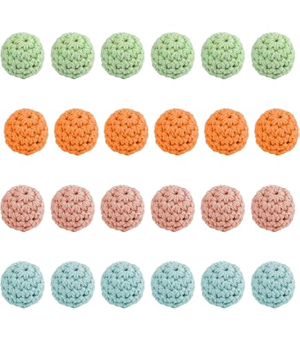 24 Perline Di Legno Rivestite In Cotone Per Uncinetto - Diametro 20 Mm, 4 Colori, Per Bracciali E DIY