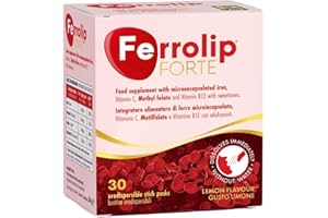 Ferrolip Forte Integratore Ferro e Acido Folico (30 Bustine Orosolubili al Limone) - Senza Fastidi Gastrointestinali - Privo di Sapore Metallico - Con Vitamina C e B12