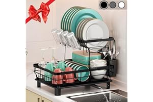 SPUSEN Dish Drainer, 2 Tier Space-Saving Dish Rack, Stainless Steel Dish Racks for Kitchen Counter, Dish Drainer with Removable Utensil Holder, Drainboard, Black