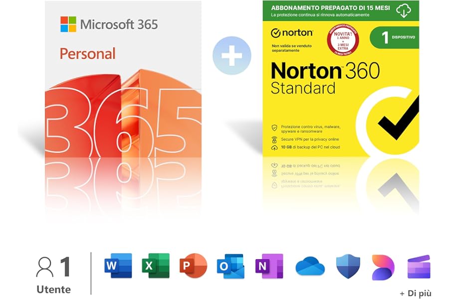 Microsoft 365 Personal │ 12 meses │ 1 persona │ Apps Office con IA + Norton 360 Standard│1 Dispositivo│15 mesi│Abbonamento co