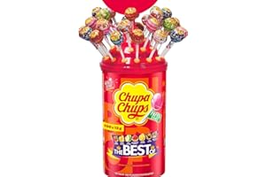 ‎CHUPA CHUPS Chupa Chups Best of Lutscher-Dose mit Logo-Aufsatz, enthält 100 Lollis in 7 Geschmacksrichtungen, praktische Pop-Art Aufbewahrungs-Dose, geeignet für Geburtstag, 100 x 12g