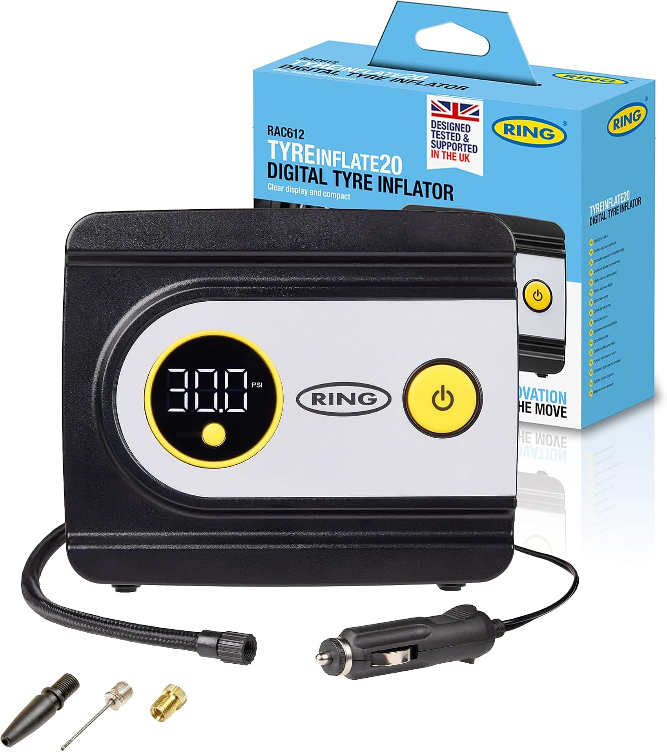 RING TYREINFLATE 20 Digital Tyre Inflator Air Compressor with Three Adaptors - Measures in PSI, BAR and kPA