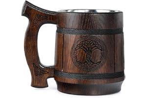 Teslyar Boccale Birra Vichingo in Legno (0,6L) - Tazza con Interno in Acciaio Inossidabile, Regalo da Uomo per Natale (Albero Della Vita, Marrone)