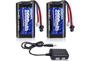 URGENEX Batteria agli ioni di litio da 7,4 V, 2000 mAh, 2S, con presa SM 2P, ad alta capacità per controllo remoto RC, 2 confezioni di batterie H101 RC con 2 caricabatterie USB
