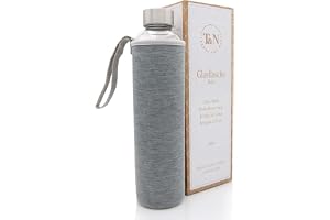 T&N glasflaska 1 liter/750 ml/500 ml – drickflaska glas 1 l med neoprenfodral – vattenflaska läckagesäker – glasflaska av tjo