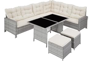 ‎TECTAKE tectake Polyrattan Lounge Set, Gartenmöbel Set mit Sofa, Hocker + Tisch, Balkon Möbel Outdoor, 5-teilige Sitzgruppe, inkl. Sitz- & Rückenkissen, ideal für Garten, Terrasse, Balkon - hellgrau
