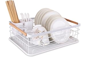 BTGGG Dish Drainer Rack with Removable Drip Tray, Metal Kitchen Drying Rack Organiser with Wooden Handles, White, 43 x 30.5 x 14 cm