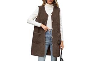 Tuopuda Teddy Fleece Gilet for Women Long Button Vest Sherpa Fluffy Sleeveless Jackets with Pockets Ladies Lightweight Outerwear Vests for Spring Fall Winter