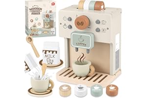 Airlab Máquina de Café de Madera de Juguete, 12 Piezas Utensilios de Cocina de Juguete y Set de Tarde de Té para Niños Pequeños, Juegos de Comida, Juguetes de Picnic Juegos de rol para Niñas y Niños