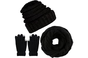 CheChury Femme Hiver Tricotés Bonnet Écharpe et Gants Ensemble Chauffant Bonnet Tricot Écharpe avec Gants d'écran tactile,3 Pièces