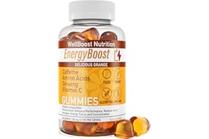 WELLBOOST Energy Boost - Pre Workout, Caffeine, Ginseng, VIT C, L-Carnitine, Beta-Alanine, Chewable Gummies for Men & Women - 60 Gummies - Orange Flavour, Suitable for Vegans