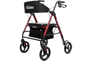 ZENBON Deambulatore per Anziani con Sduta: Girello 4 ruote in Alluminio - Deambulatore Pieghevole con Pneumatici da 20 cm per tutti i terreni - Rollator da viaggio altezza regolabile in 6 posizioni (Rosso)