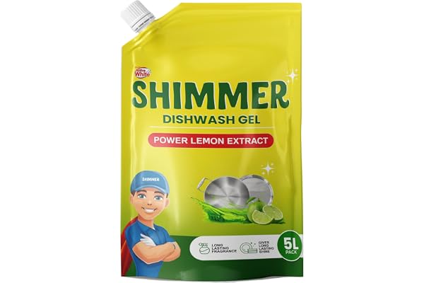 Shimmer Dishwash Gel 5L Family Pack Non-Toxic & Eco-Friendly Tough on Grease, Gentle on Skin High Foam Formula Removes Oil & Stains Easily Fresh Lemon Fragrance