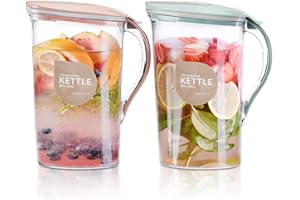 Coloch 2 Pack 2L Plastic Water Pitcher Jug with Flip Top Spout Lid, Clear Slim Water Container Jugs for Fridge Door Juice Pitcher with Scale Line for Tea, Lemonade, DIY Drinks, Blue and Pink