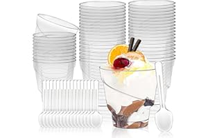 SITAYAKUMA Szklanki deserowe z łyżeczkami, plastikowe, 160 ml, 50 sztuk miseczek deserowych, przezroczyste miseczki wielokrotnego użytku, okrągłe kubki deserowe, kubki deserowe, do puddingu, musu, lodów, na