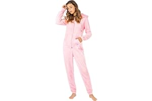 Eight 2 Nine Damen Teddyfleece Jumpsuit mit Kapuze und Öhrchen, Flauschiger Overall mit Daumenlöchern, kuschelig bequemer One-Piece für entspannte Stunden, schwarz, grau, rosa XS-XL