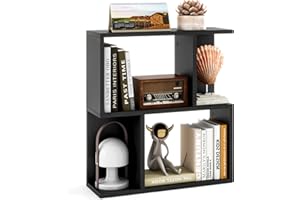 SFAREST 3-Tier Bookshelf, Wooden S-Shaped Display Shelf with 4 Compartments, Freestanding Storage Cabinet Shelving Unit Open Cube Bookcase for Living Room Home Office (Black, 50 x 18 x 56 cm)