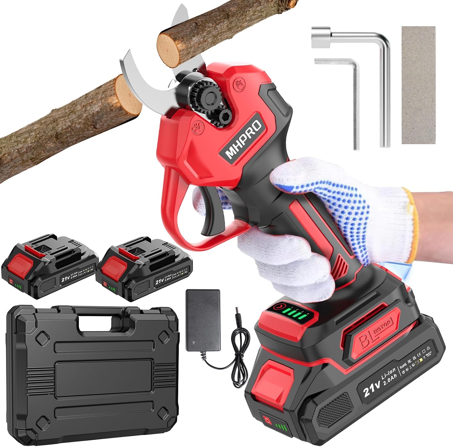 Tijeras de Podar Electricas Sin Escobillas, MHPRO Tijeras de Podar 21V con Baterías 2x2000mAh, Pantalla LCD, Tijeras podar Bateria para Jardinería, Árboles Frutales, Viñedos y Granja, Rojo