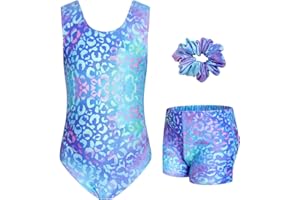 JiAmy Trykoty gimnastyczne dla dziewcząt ze skrzyżowanymi plecami, błyszczące jednostki taneczne z szortami, strój dla dzieci w wieku 3-12 lat