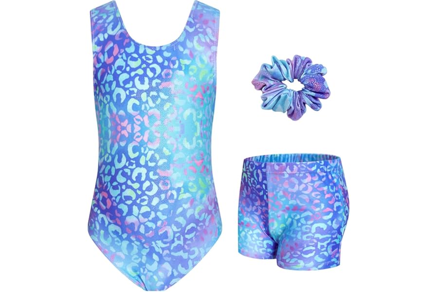 JiAmy Gymnastics Leotards for Girls, 3Pcs Sleeveless Athletic Outfit Sparkly Dance Unitards with Shorts Ballet Biketards 3-12 Years