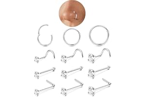 LOLIAS 12Pz Piercing Naso Oro Argento Piercing Naso Acciaio Chirurgico Piercing Naso Cerchio Anello CZ Piercing Naso Brillantino Septum Piercing Nostril 18G/20G