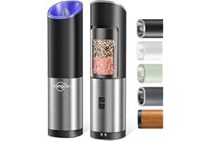 Sangcon Molinillo de Sal y Pimienta Eléctrico,Sensor de Gravedad automático, Tosquedad Ajustable, Con Batería con luz LED, Funcionamiento con una Sola Mano, Acero Inoxidable 2piezas(Negro)