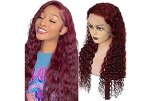 Hxxcoup Peluca Mujer Pelo Natural Humano Glueless Wig Wear and Go 13x4 Lace Front Wig Deep Wave Human Hair Wig Red Lace Wig #99J Burgundy Wig Natural Brasileña Humano for Woman 22 Inch