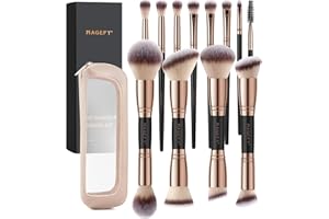 MAGEFY Makeup Brush Set 12Pcs Double Sided Make up Brushes Foundation Contour Blush Highlight Blending Eyeshadow Brushes, Vegan Makeup Brushes with Bag, Black Gold