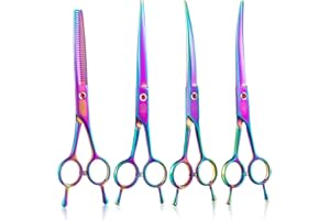 Moontay 7" Dog Grooming Scissors Set, Reversible Trimming Thinning Chunkers, Curved, Straight Cat Pet Grooming Shears with Safety Rounded Tip for Grooming Full Body (Multi-Colored)