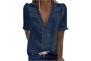TIMEMEAN Hauts Femme Chemise élégante à Col en V Et Dentelle Au Crochet Chemisiers Confortables Décontractés à Manches Courtes en Jacquard De Couleur Unie à Pompons