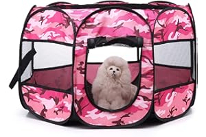 KEESIN Welpenauslauf,Welpenlaufstall Tierlaufstall Faltbar Zelt 8-Panel Mesh Haus für innern Oder Außen (Tarnung Rosa,S, Roud)